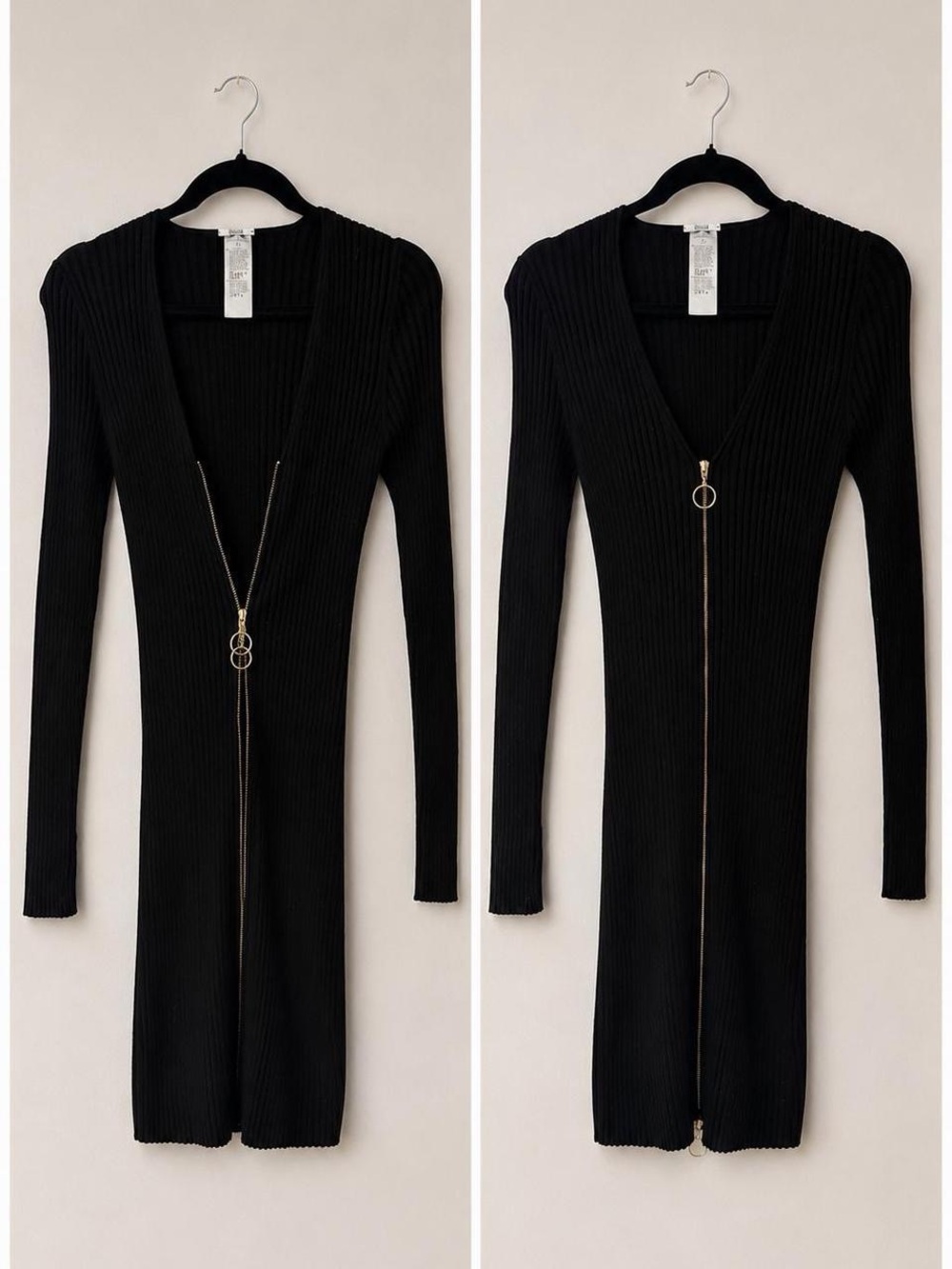 Wolford Small Merino Black Ribbed Zip-Front Long Cardigan